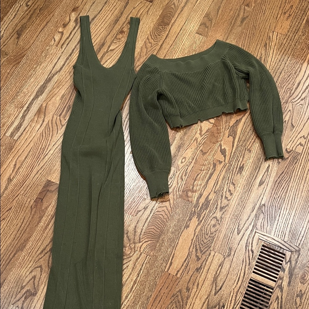 Elegant Olive Green Maxi Dress and Sweater Set